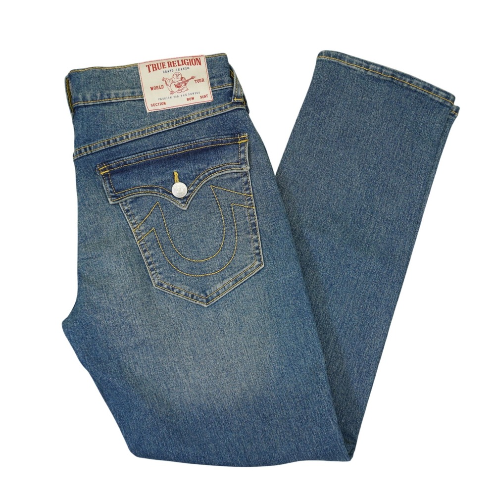 True Religion Geno Relaxed‎ Slim Jeans Mens 33 (Fit 34x31) Big T Flap Stretch